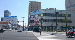 浜松信用金庫支店の壁に「出世法師直虎ちゃん」のイラスト